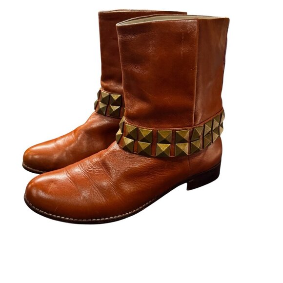 Candela NYC Studded Leather Ankle Boots – Brown Distressed Pull-On Booties – Siz - Picture 1 of 7